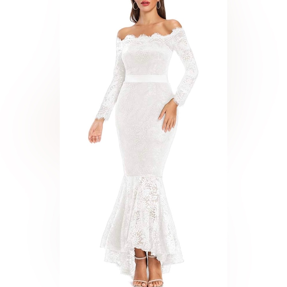 Women's Floral Lace Long Sleeve Off Shoulder Wedding Mermaid Dress
